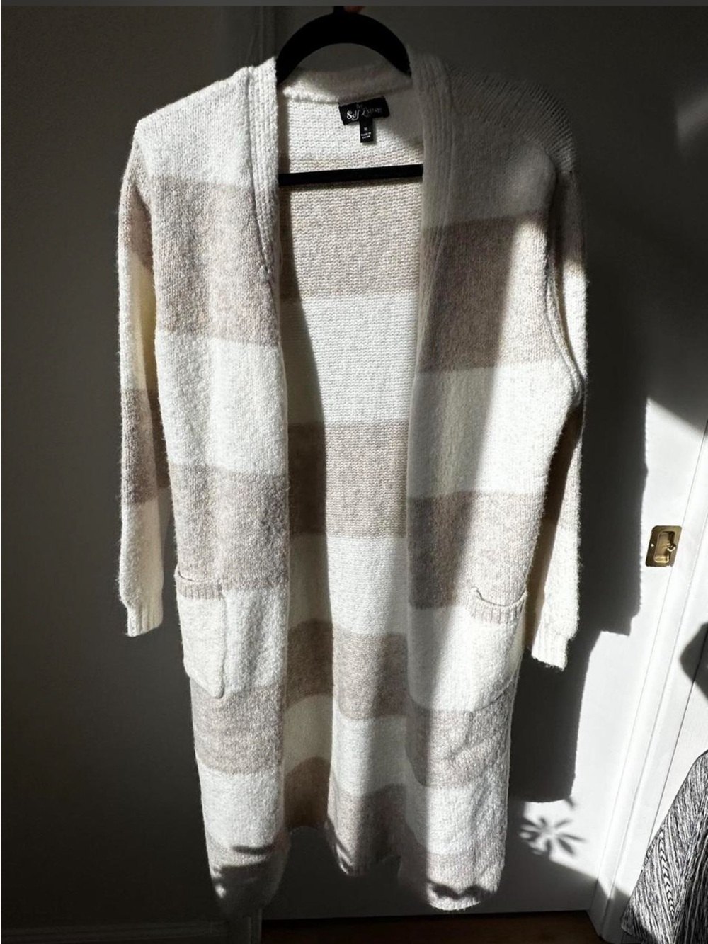 Open-Front Long Cozy Cardigan Sweater - Cream & Taupe
